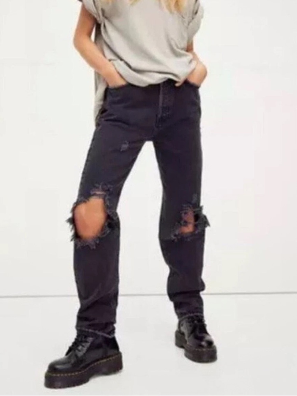 We The Free Free People Lasso Distressed Button Fly Jeans Black Size 31